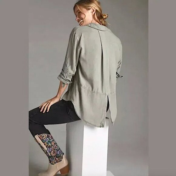 Anthropologie CLOTH & STONE Green Split Back Button Up High Low Shirt - Picture 1 of 12